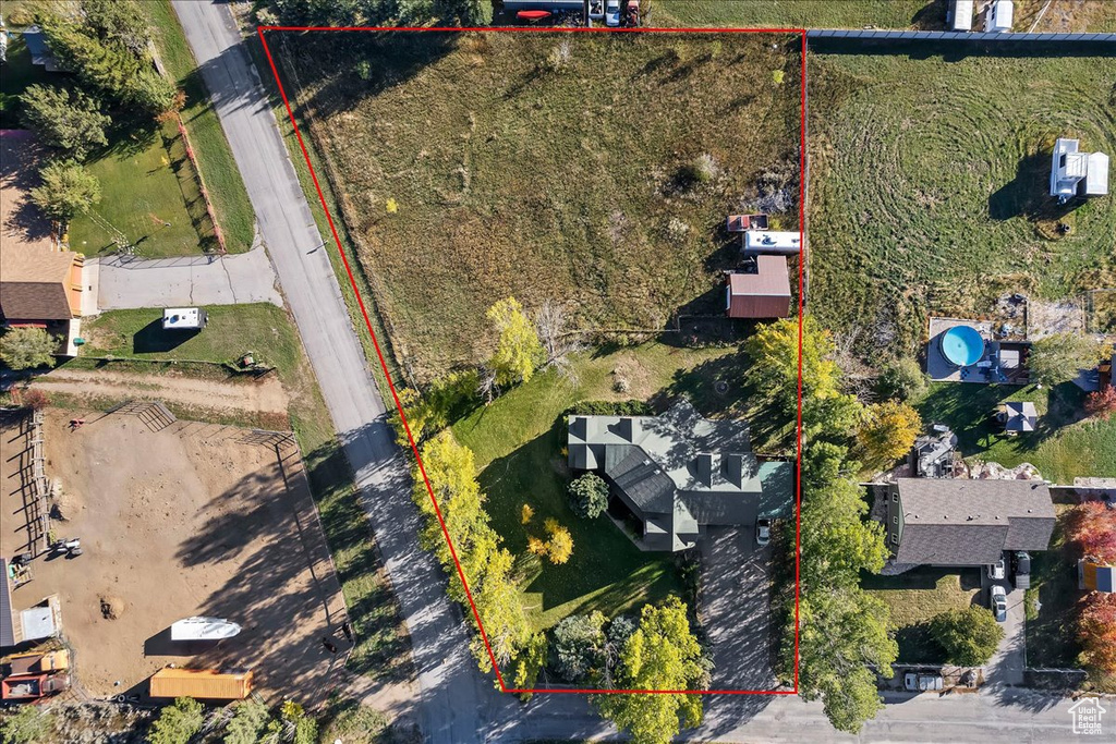 Aerial view of property's location with property parcel outlined