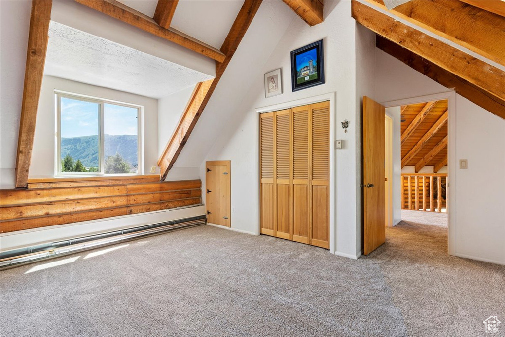 Additional living space featuring carpet, baseboard heating, and a mountain view