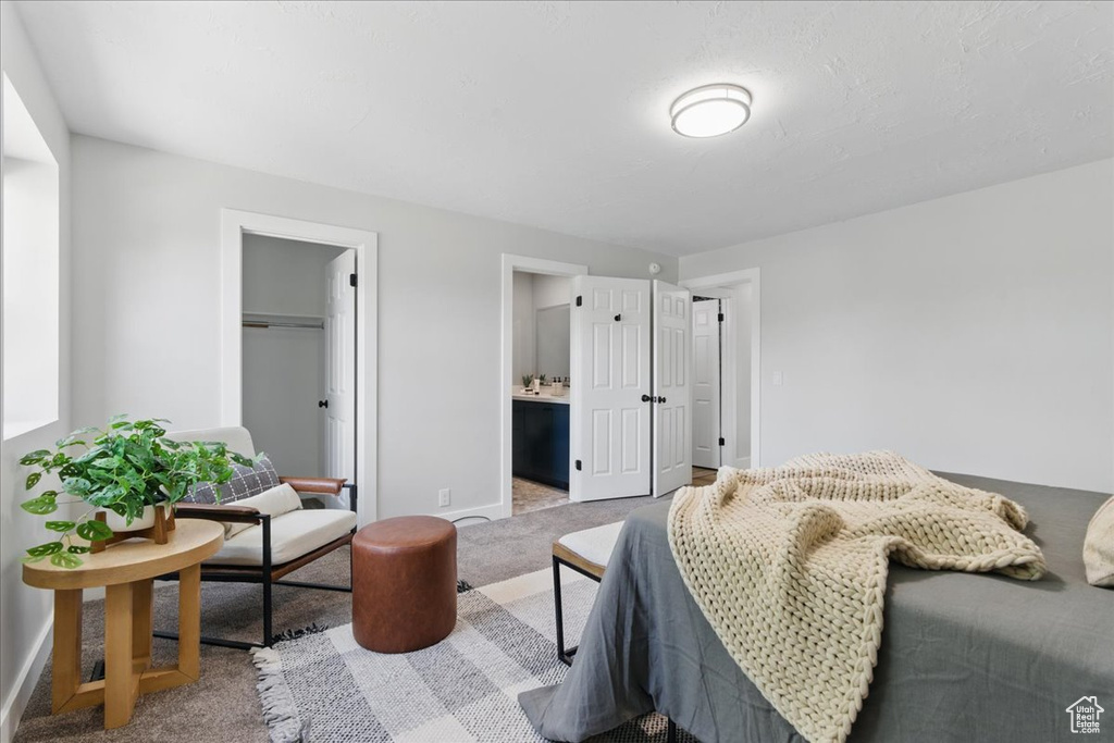 Carpeted bedroom featuring baseboards and a closet