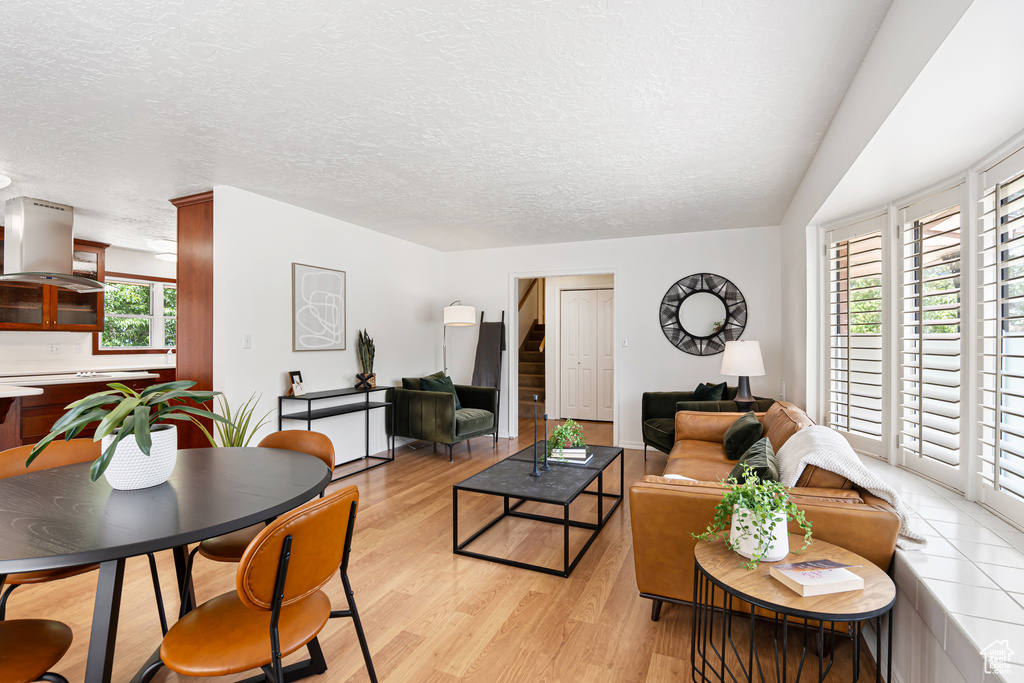 Living room featuring light wood-type flooring and a textured ceiling