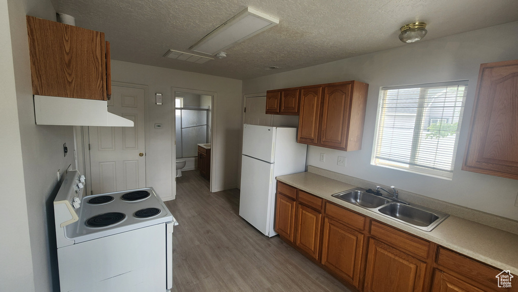 Kitchen with a sink, white appliances, a textured ceiling, light wood-style flooring, and brown cabinetry