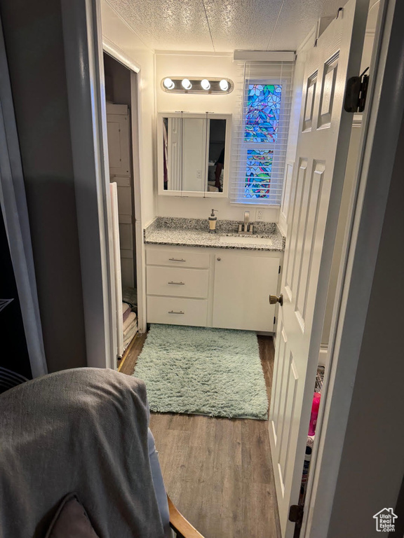 Bathroom with wood finished floors, vanity, and a textured ceiling