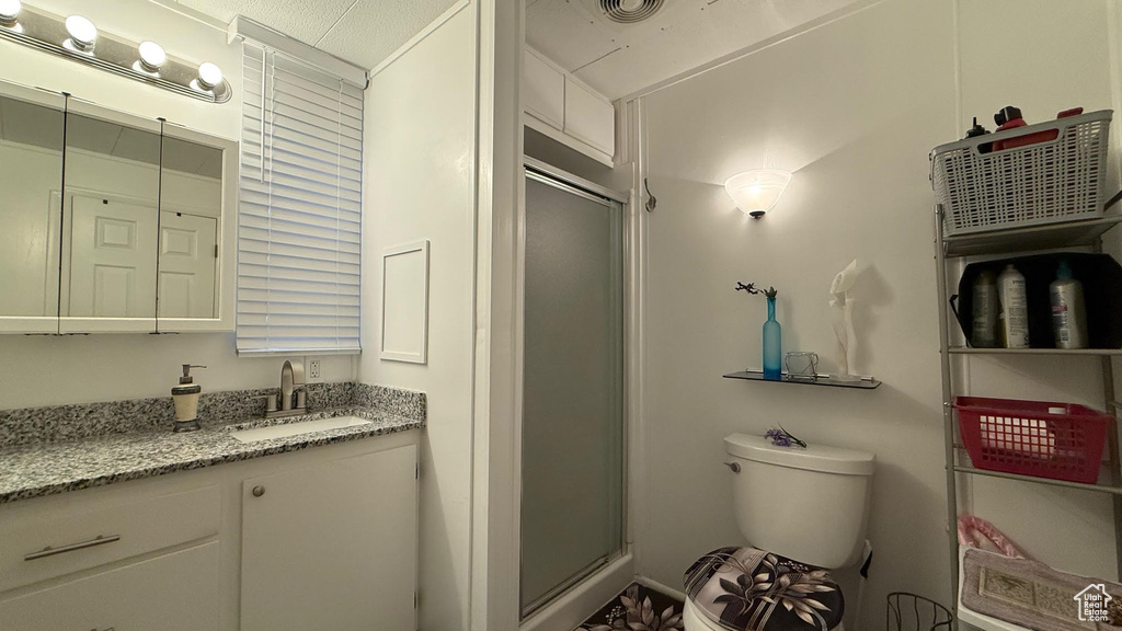 Full bath featuring vanity, a shower stall, and toilet