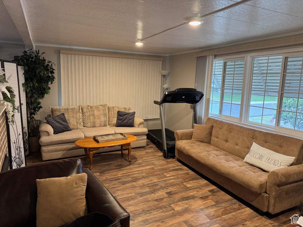 Living area featuring wood finished floors, ornamental molding, and recessed lighting
