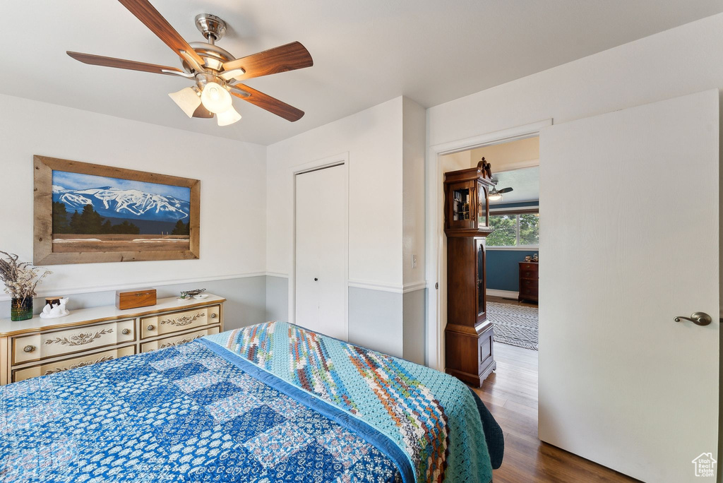 Bedroom featuring wood finished floors, ceiling fan, and a closet