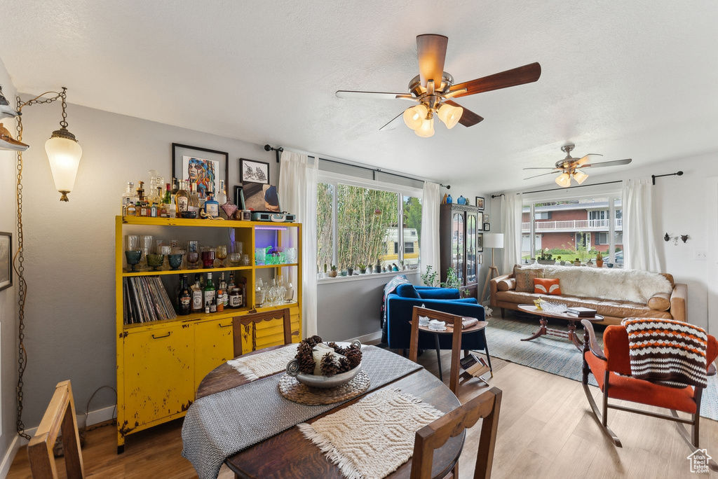 Dining space featuring light wood-type flooring, a ceiling fan, healthy amount of natural light, and baseboards