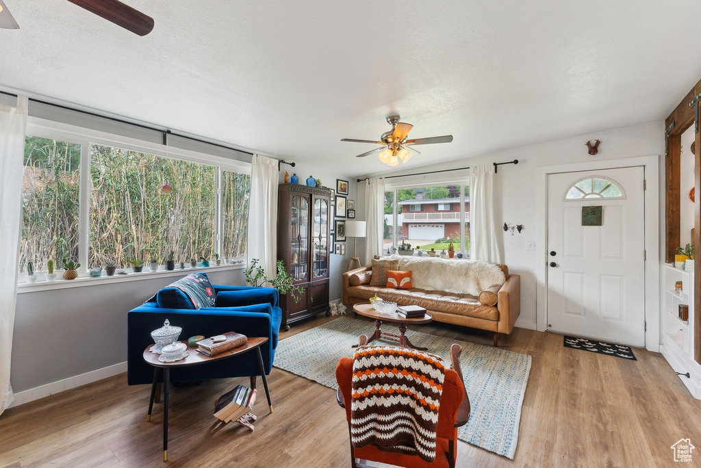 Living area with a ceiling fan, wood finished floors, and baseboards