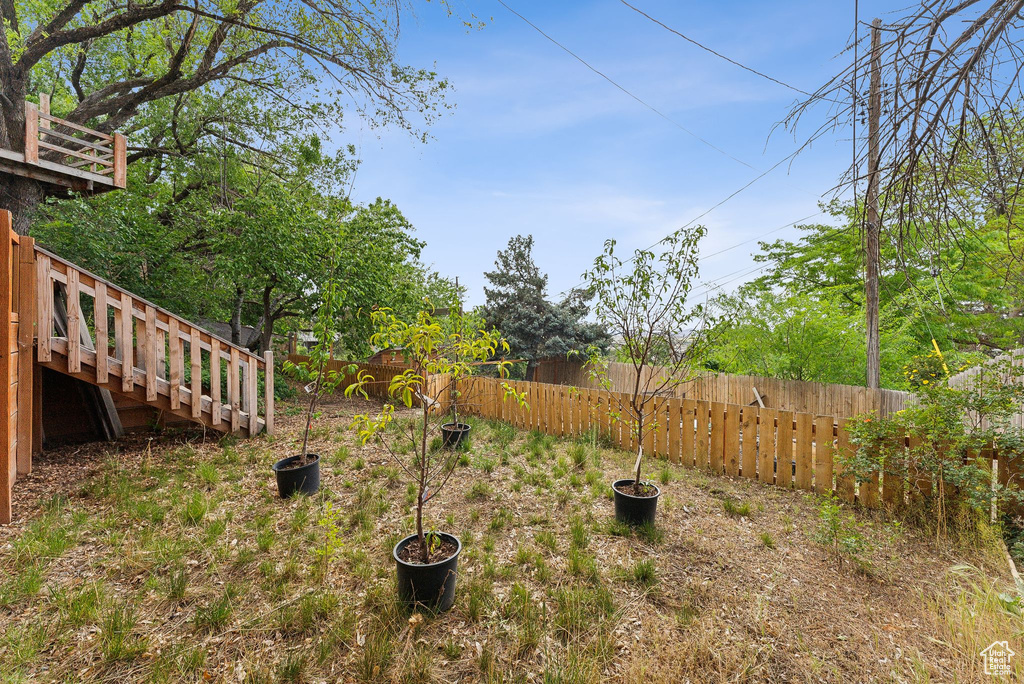 Fenced backyard with stairway