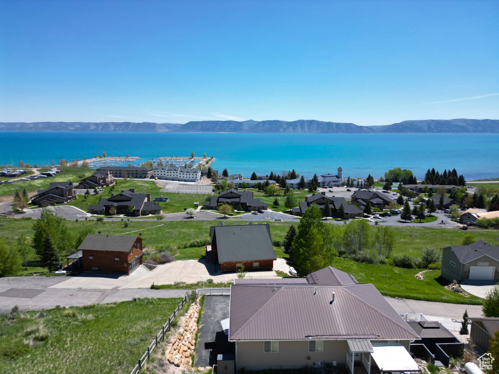 Aerial view of a water and mountain view