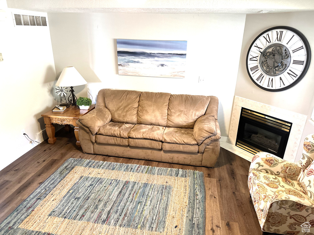 Living room with wood finished floors and a glass covered fireplace