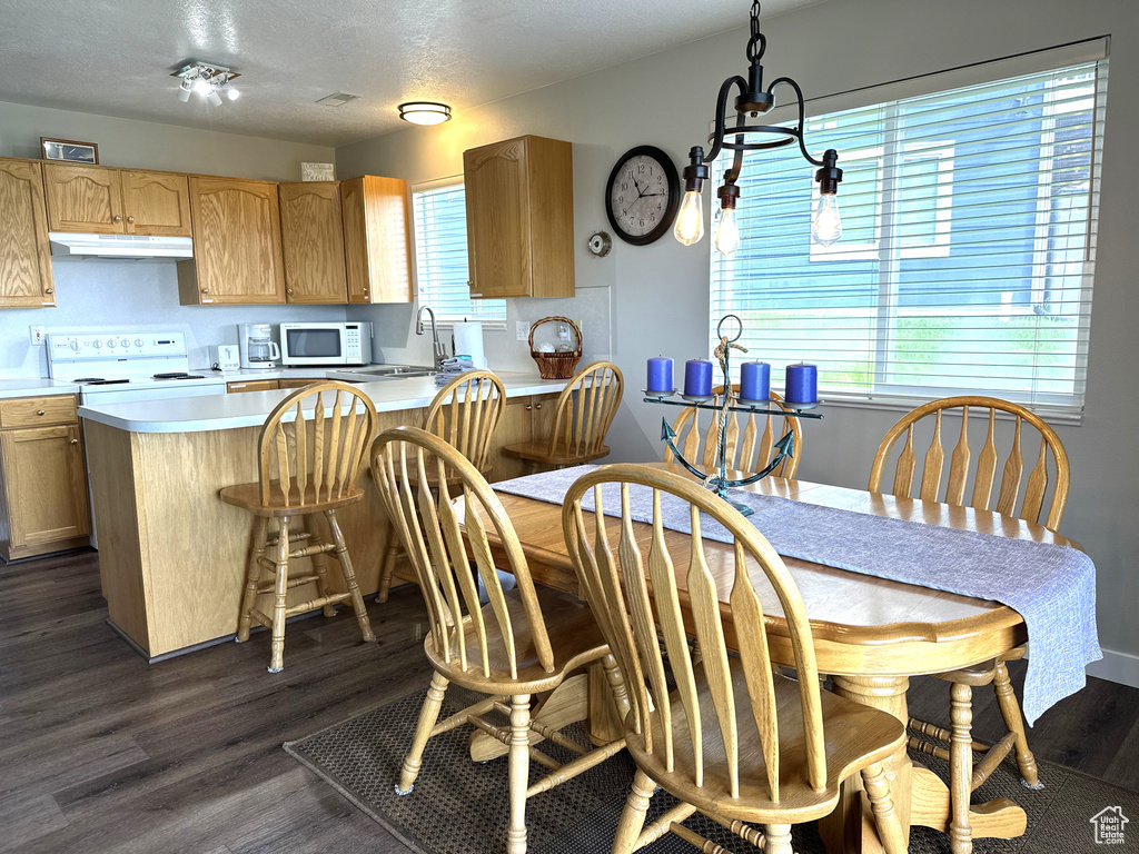 Dining space with dark wood finished floors and a textured ceiling