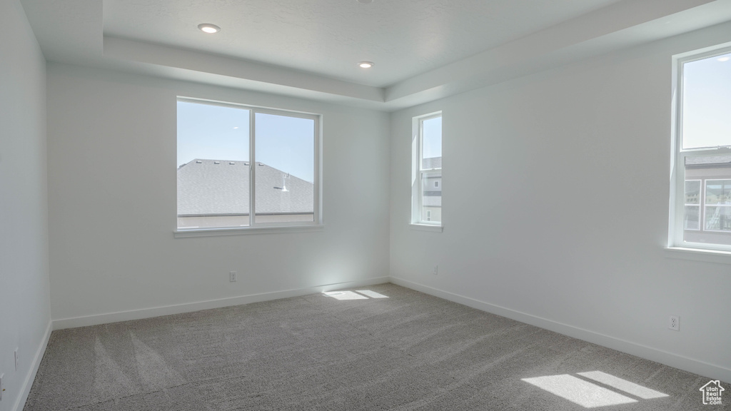 Empty room with plenty of natural light, carpet floors, a tray ceiling, and recessed lighting
