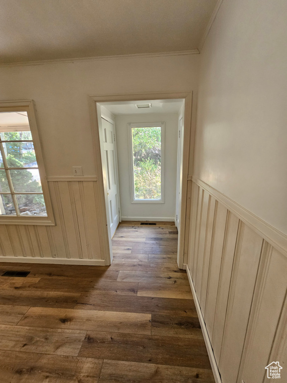 Hallway featuring dark wood finished floors, a wainscoted wall, and crown molding