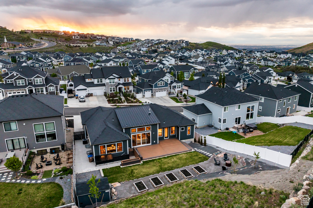 Aerial view at dusk of a residential view
