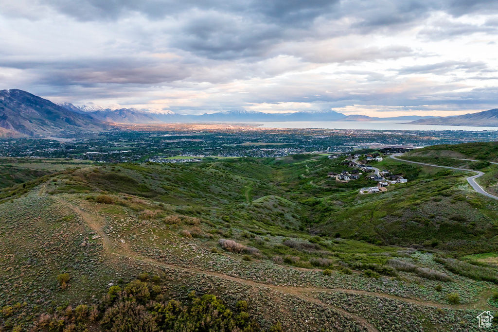 Aerial overview of property's location with a mountain backdrop