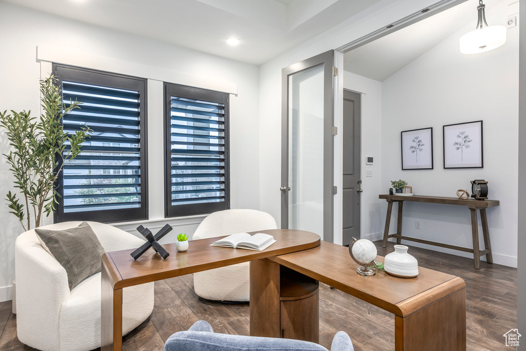 Office with wood finished floors, baseboards, and recessed lighting