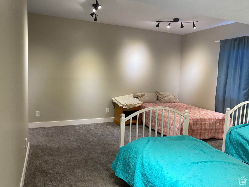 Bedroom featuring rail lighting, carpet floors, and baseboards