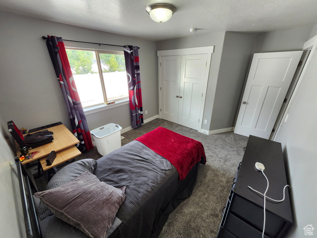 Bedroom with baseboards, carpet flooring, and a closet
