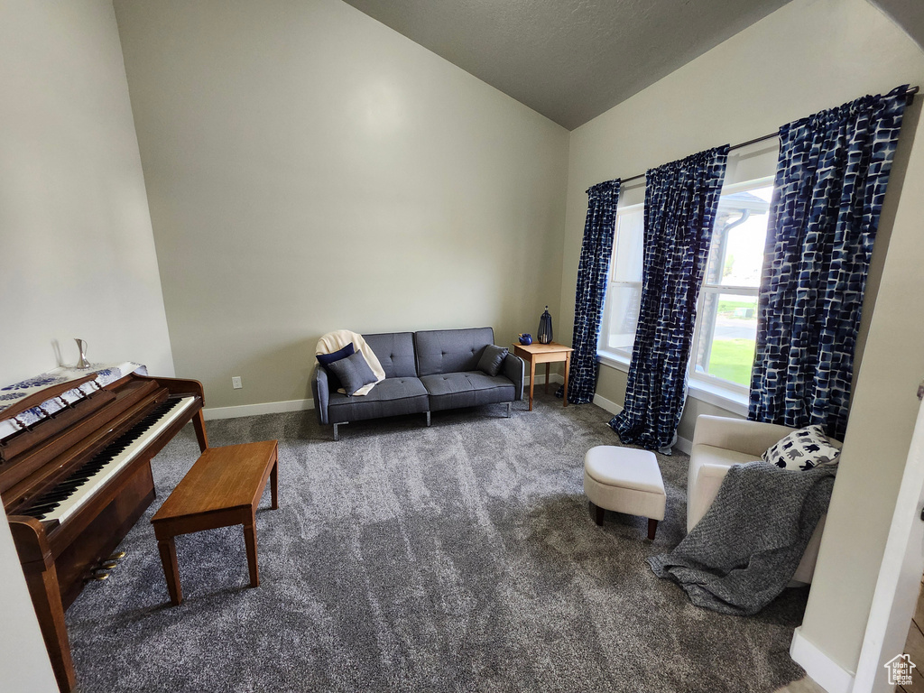 Carpeted living area with baseboards and high vaulted ceiling
