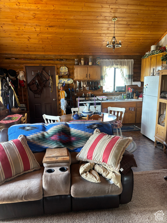 Living room with wooden ceiling