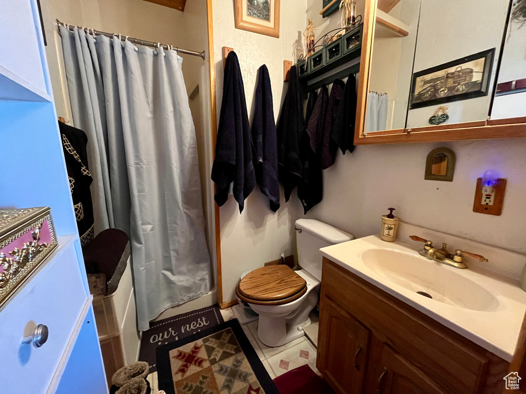 Full bathroom featuring vanity, toilet, and a shower with shower curtain