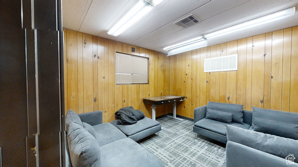 Living room featuring wood walls