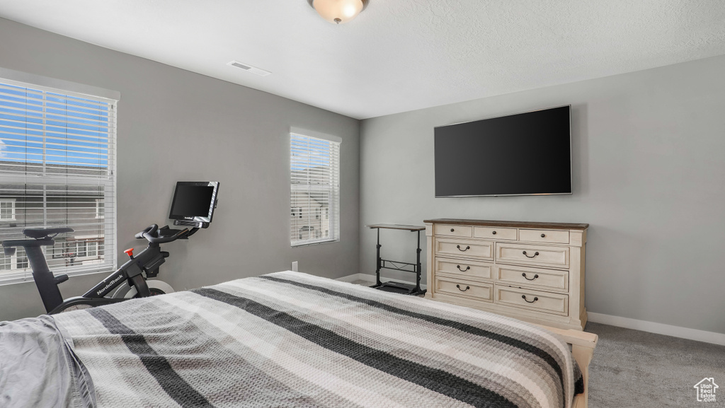 Bedroom with baseboards and light carpet