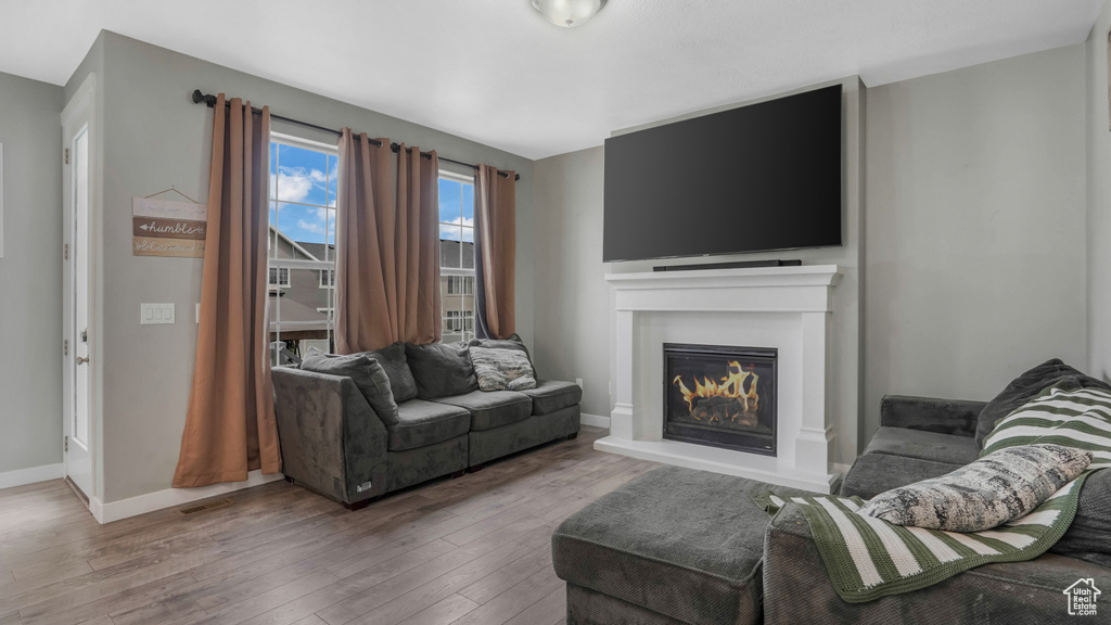 Living room with wood-type flooring, a glass covered fireplace, and baseboards