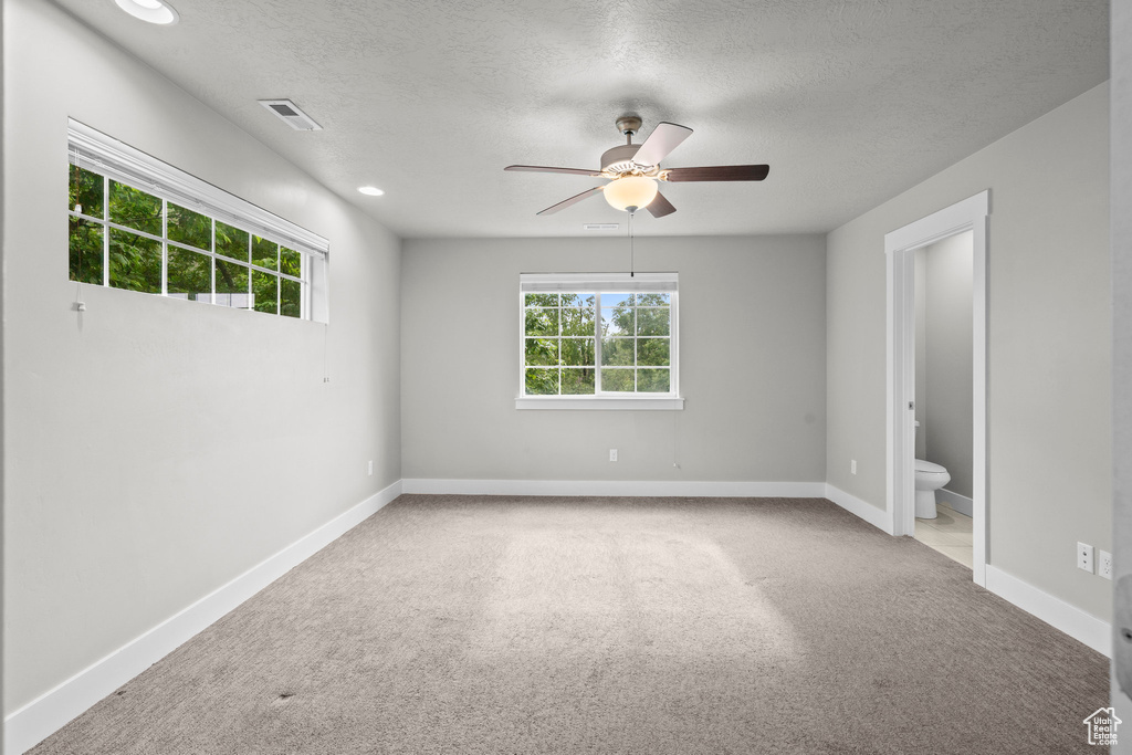 Empty room with plenty of natural light, a textured ceiling, a ceiling fan, and carpet