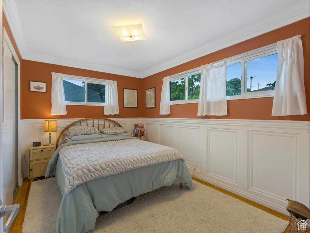 Bedroom featuring wainscoting, crown molding, wood finished floors, and a decorative wall