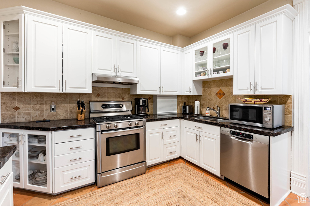 Kitchen featuring stainless steel appliances, under cabinet range hood, a sink, white cabinets, and recessed lighting