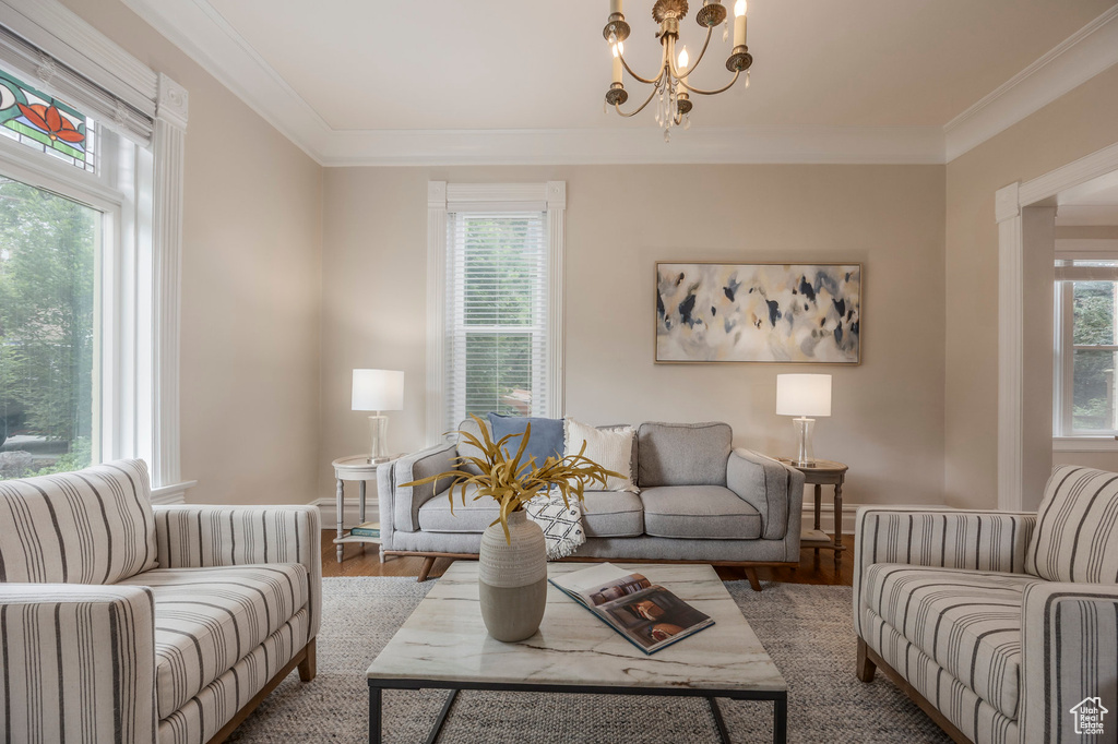 Living area featuring wood finished floors, ornamental molding, a chandelier, and baseboards