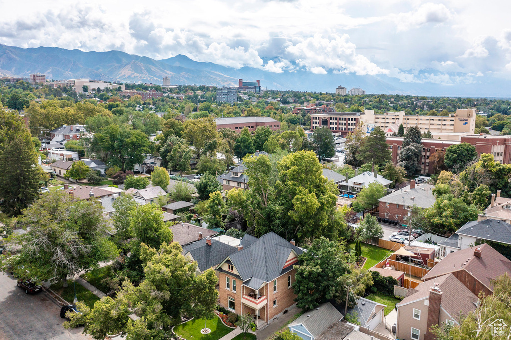 Drone / aerial view of a mountainous background
