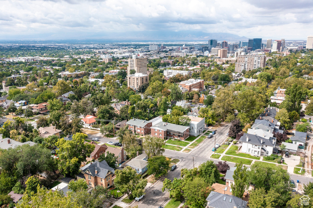 Aerial overview of property's location with nearby urban area