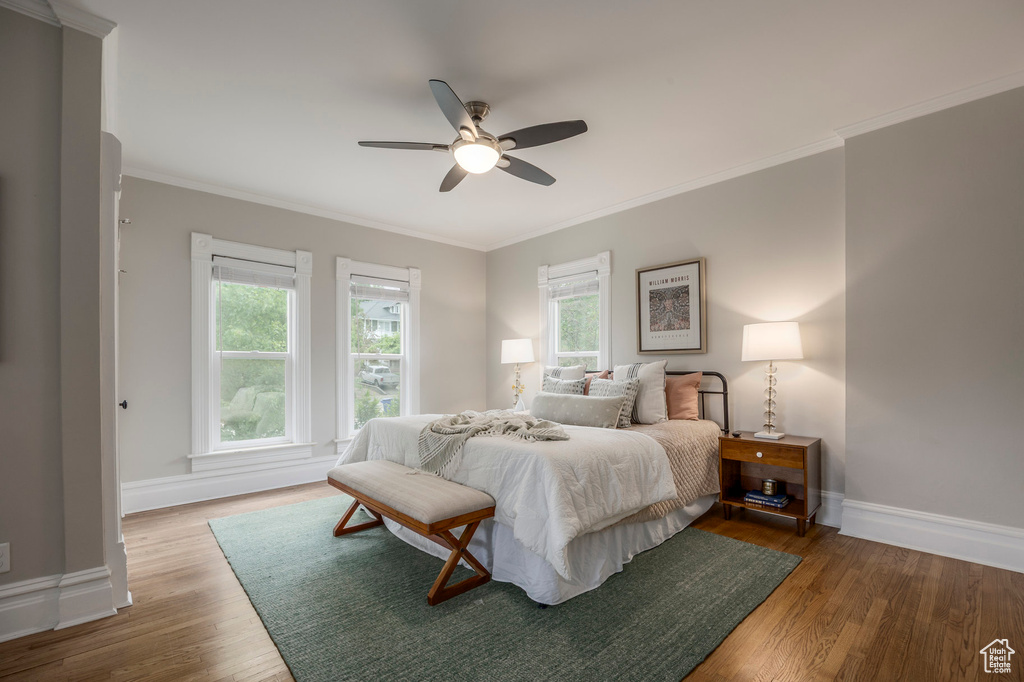 Bedroom with ornamental molding, wood finished floors, baseboards, and a ceiling fan
