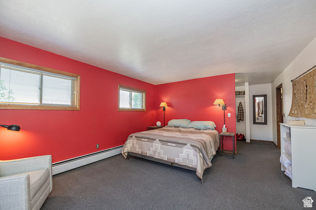 Bedroom with a baseboard radiator and carpet