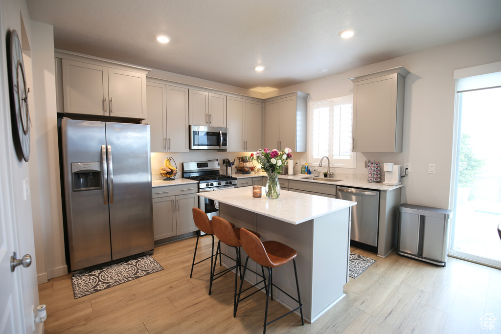 Kitchen with stainless steel appliances, gray cabinets, a sink, a kitchen breakfast bar, and light wood finished floors