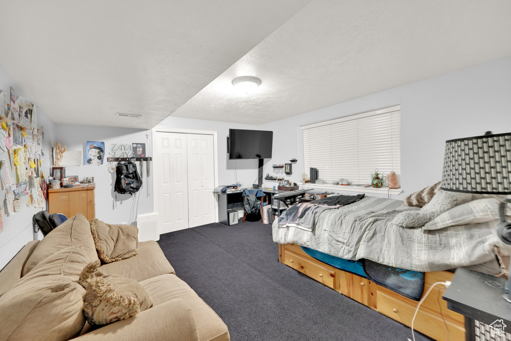 Carpeted bedroom with a closet and a textured ceiling