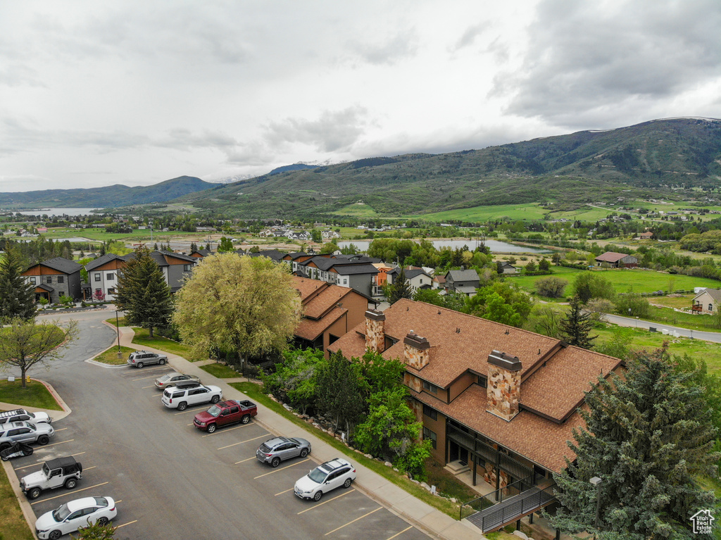 Aerial view of residential area with mountains