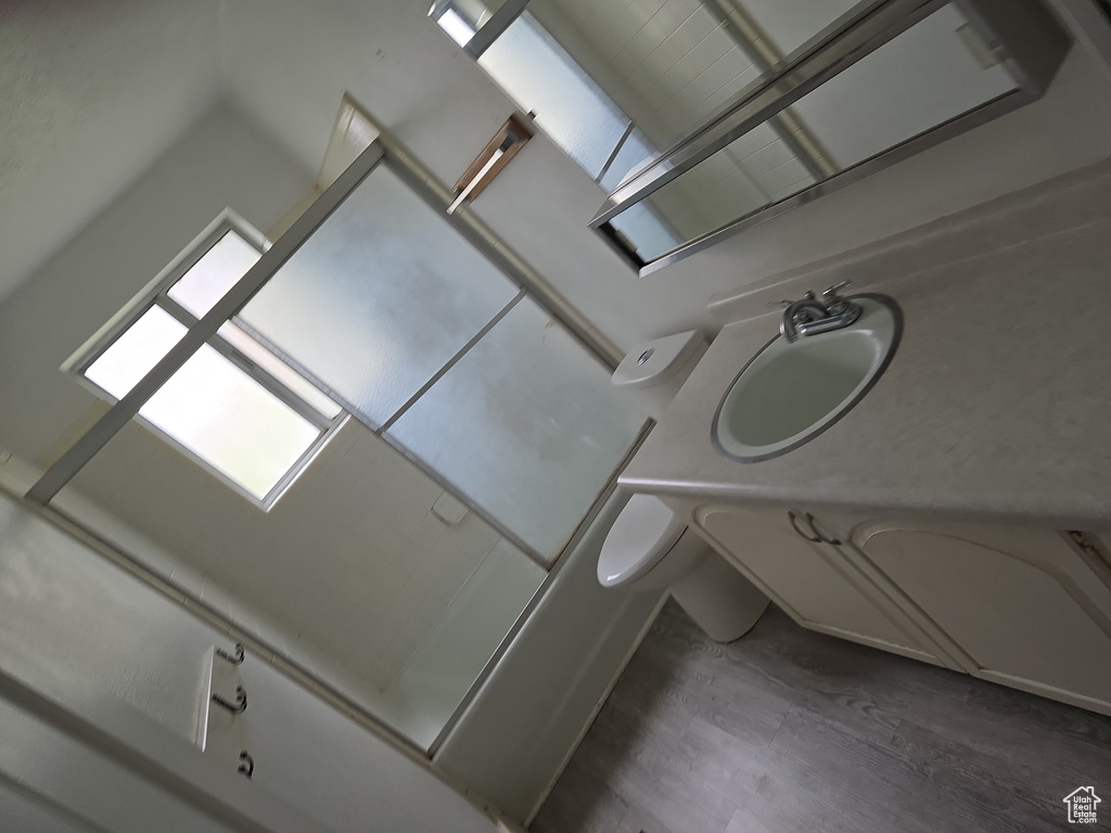 Bathroom with toilet, vanity, and wood finished floors