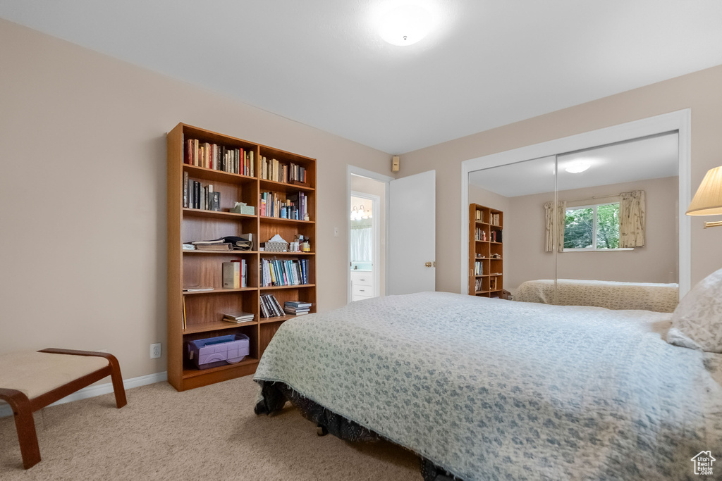 Carpeted bedroom featuring baseboards and a closet