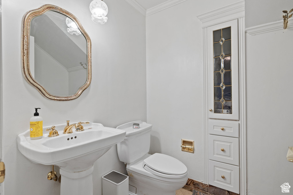 Half bathroom featuring ornamental molding and toilet