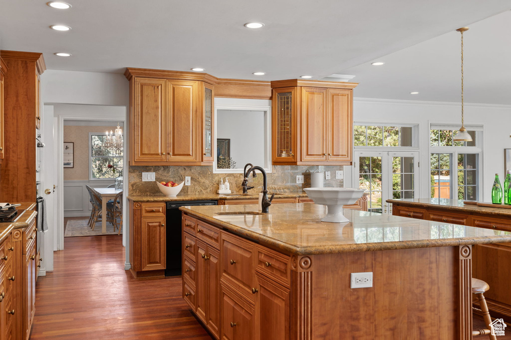 Kitchen with a sink, black dishwasher, dark wood-style floors, an island with sink, and light stone countertops