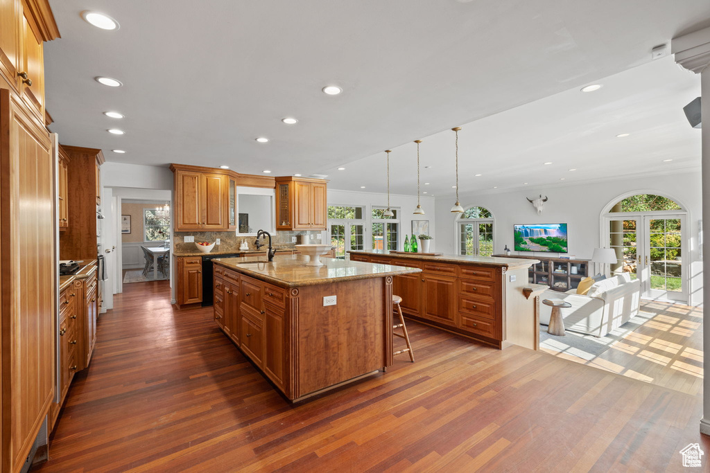 Kitchen featuring dark wood-style floors, a large island with sink, plenty of natural light, a breakfast bar area, and recessed lighting