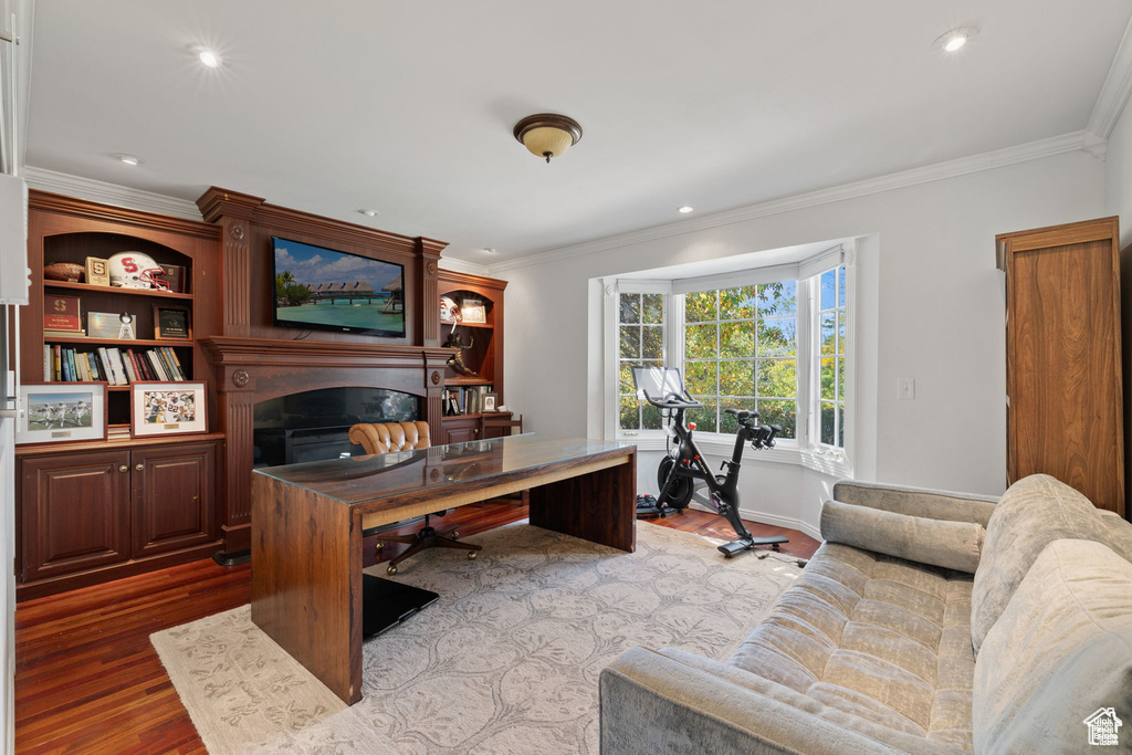 Office featuring light wood-style floors, a fireplace, crown molding, recessed lighting, and baseboards