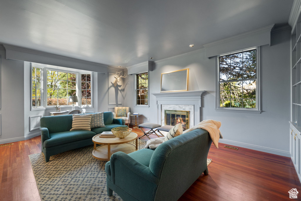 Living area featuring a premium fireplace, ornamental molding, baseboards, and wood finished floors