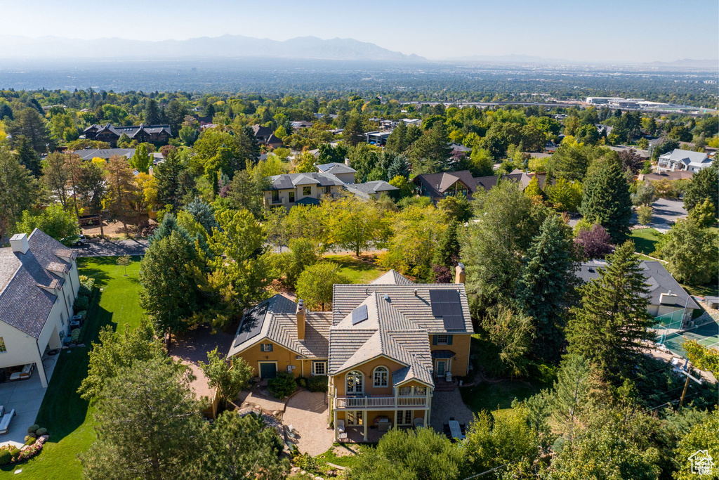 Aerial perspective of suburban area featuring mountains