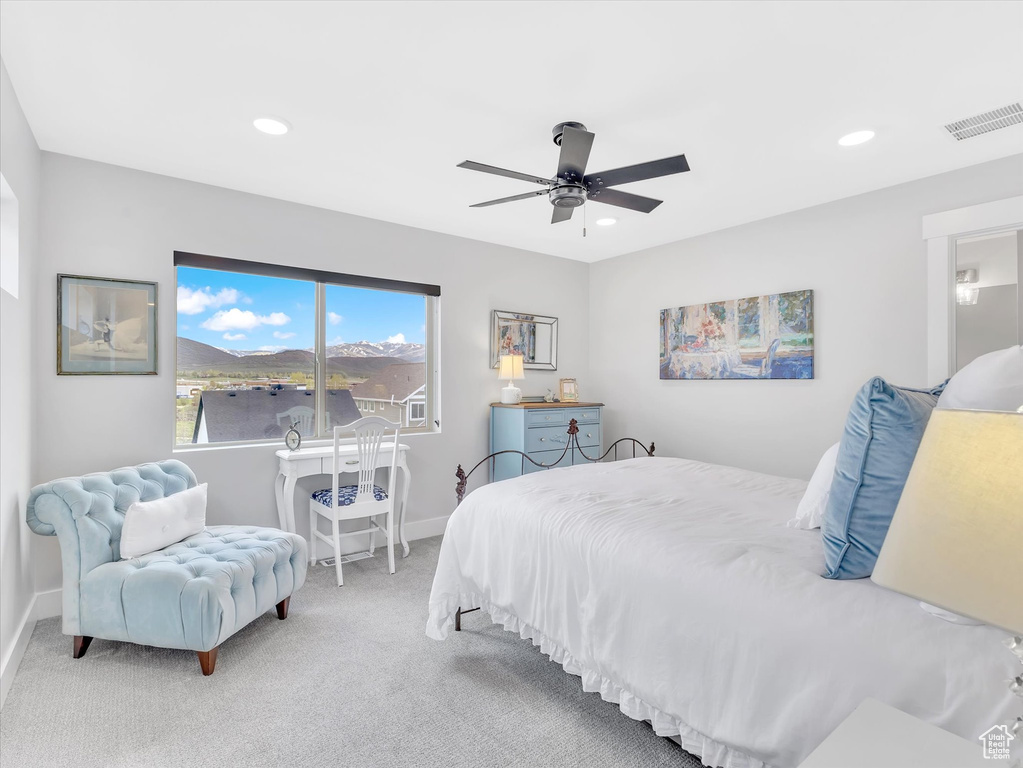 Bedroom with recessed lighting, baseboards, carpet flooring, and a ceiling fan