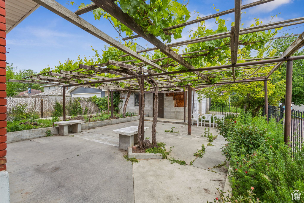 View of patio featuring a pergola and a fenced backyard
