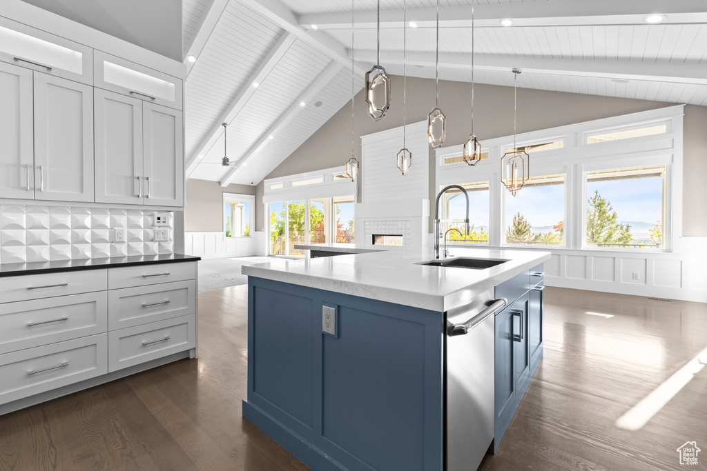 Kitchen with a sink, dark wood-type flooring, an island with sink, a wainscoted wall, and stainless steel dishwasher
